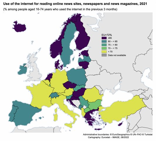 Az internet használata online híroldalak, újságok és hírmagazinok olvasásához, 2021 (Forrás – Eurostat)